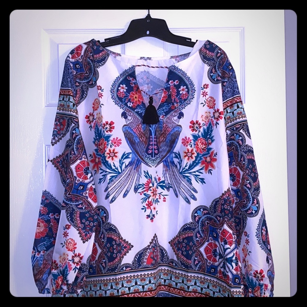 Boho Bird Pattern Long Sleeve Blouse